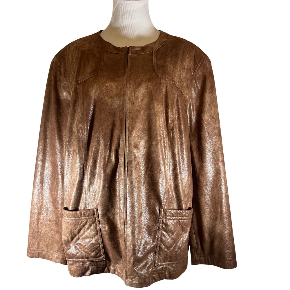 Alfred Dunner Women's‎ 20W Brown Quilted Faux Leather Zip Up Jacket